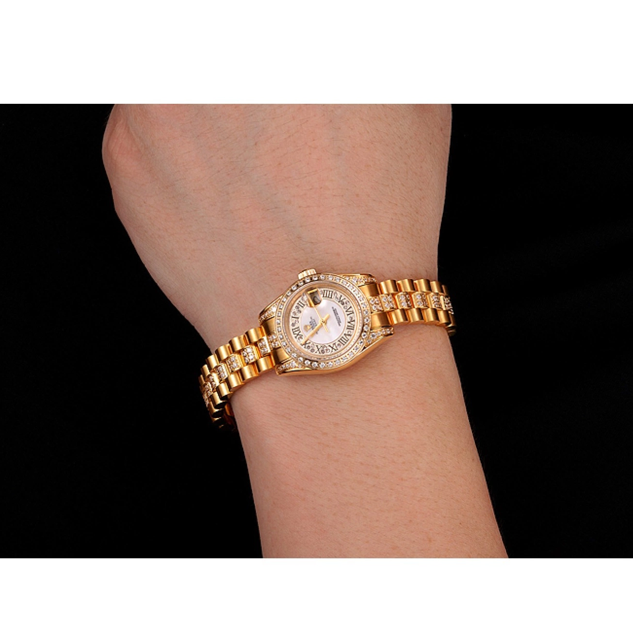 Rolex aaa copy Rolex 1453957 DayJust Swiss Bracelet Pave White Diamond Dial Gold Diamond 0721